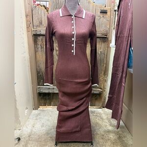 Chic Long Sleeve Brown Dress with Button Detail